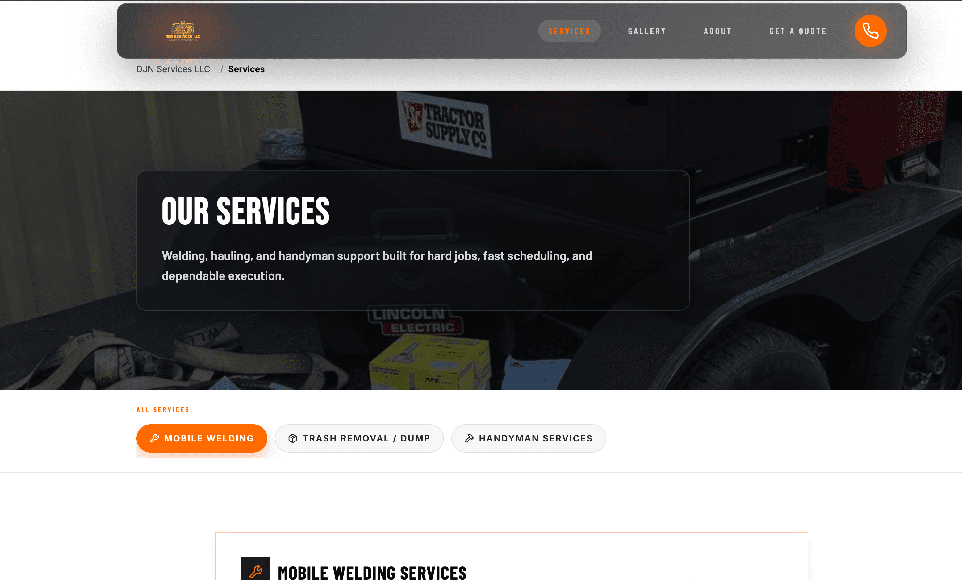 DJN Services new services page, with mobile welding, trash removal, and handyman services packaged into clear categories